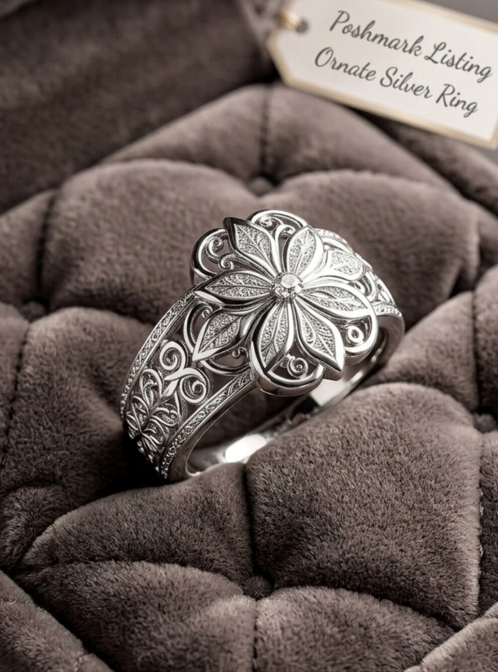 Ornate Silver Floral Ring - Silver